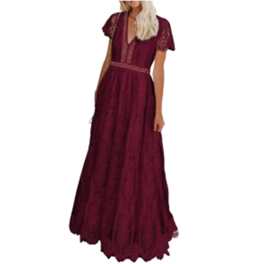 🌿Bdcoco V Neck Floral Lace Short Sleeved Maxi Dress [L]🌿